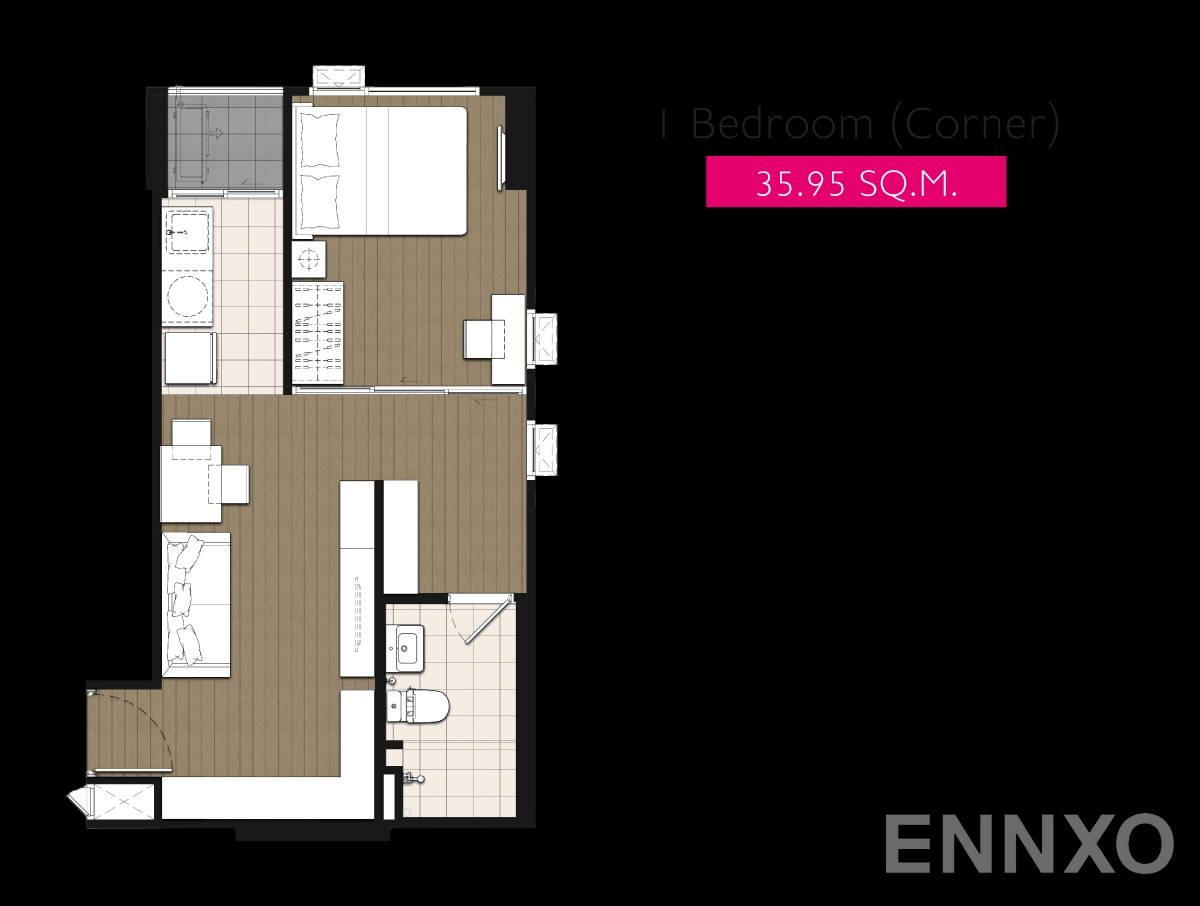 รูปแปลนห้อง 1 ห้องนอน ห้องมุม ของโครงการ พลัม คอนโด สุขุมวิท 62