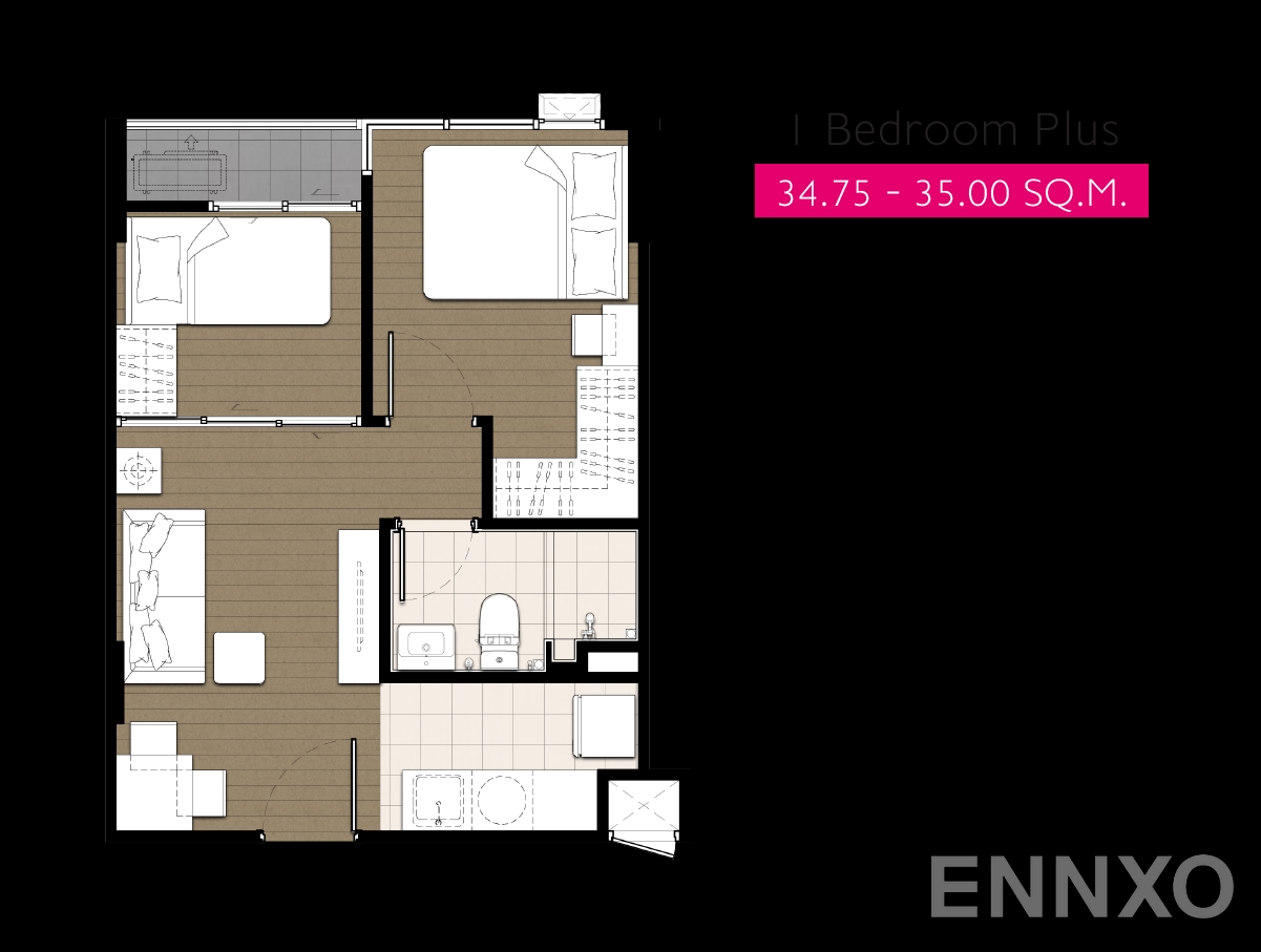 รูปแปลนห้อง 1 ห้องนอน พร้อมห้องเอนกประสงค์ ของโครงการ พลัม คอนโด สุขุมวิท 62