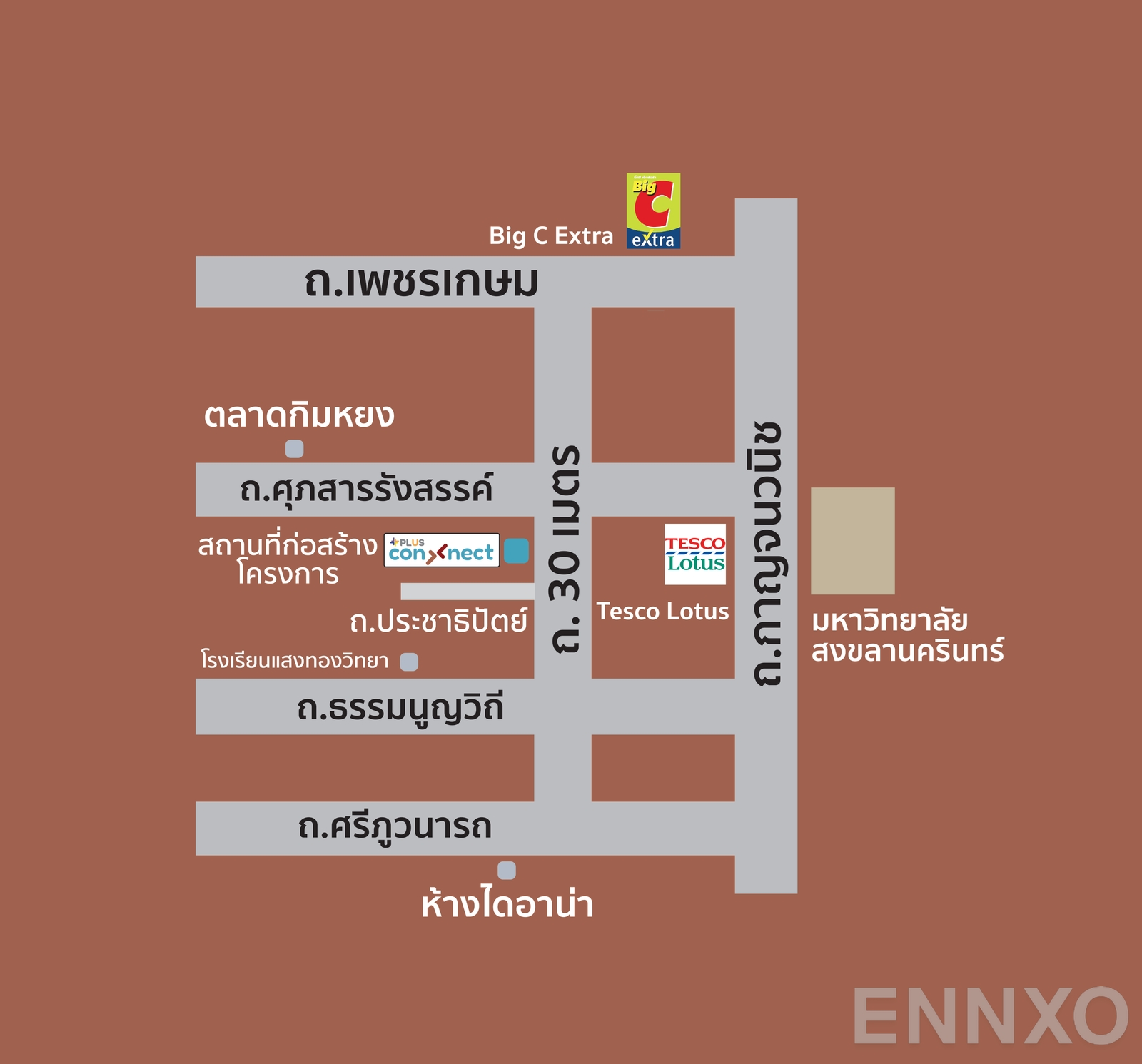 ภาพแผนที่แสดงที่ตั้งโครงการ Plus Condo Connect
(พลัส คอนโด คอนเน็กซ์) และสถานที่โดยรอบ