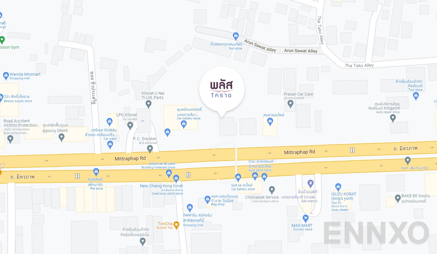 ภาพแผนที่แสดงที่ตั้งโครงการ Plus Condo Korat
(พลัส คอนโด โคราช) และสถานที่โดยรอบ