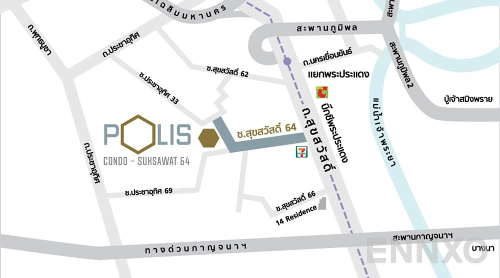 ภาพแผนที่แสดงที่ตั้งโครงการ Polis Condo Suksawat 64
(โพลิส คอนโด สุขสวัสดิ์ 64) และสถานที่โดยรอบ