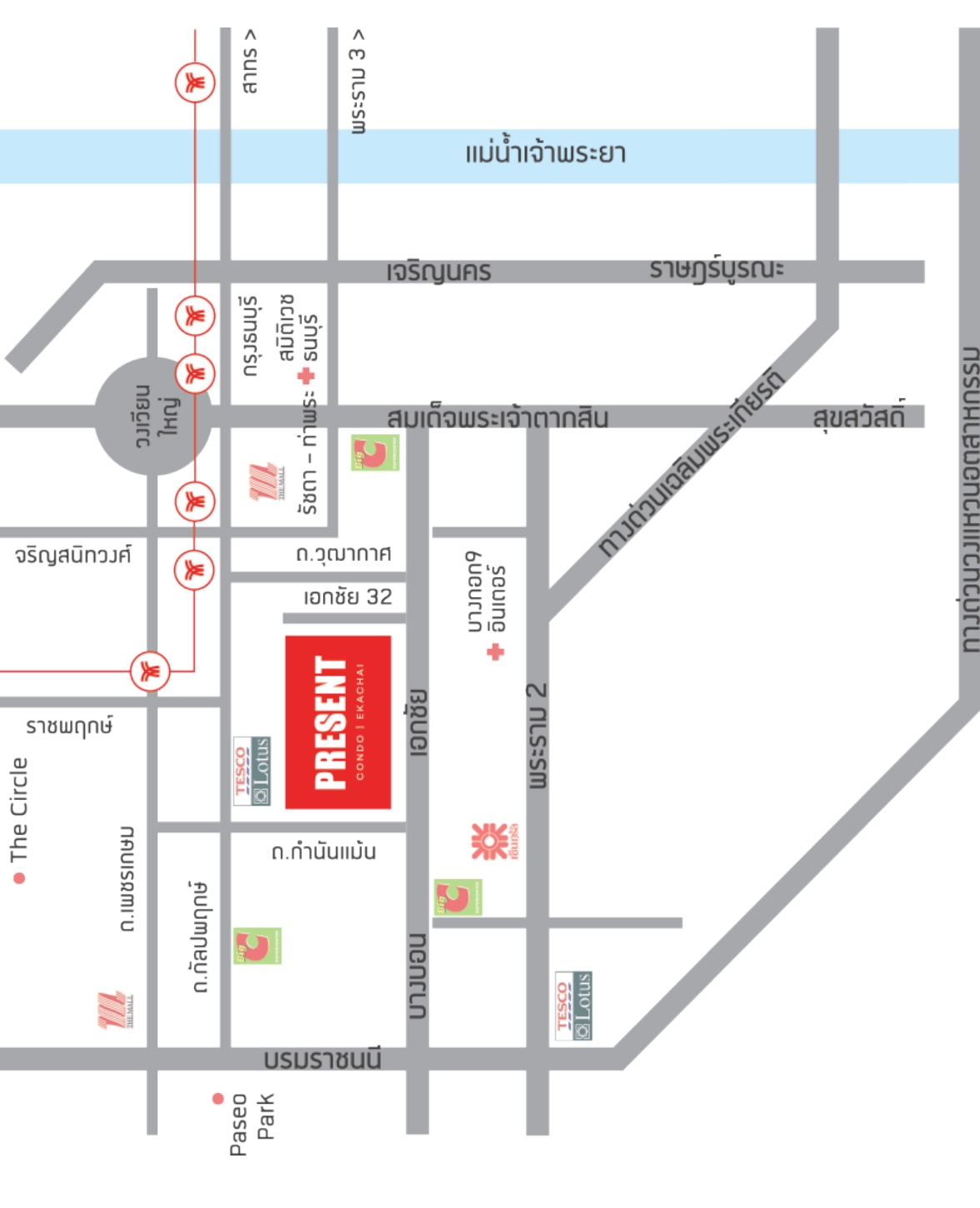 ภาพแผนที่แสดงที่ตั้งโครงการ Present Condominium และสถานที่โดยรอบ