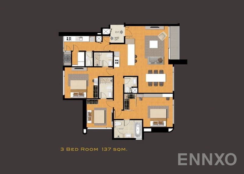 รูปแปลนห้อง 3 Bedroom ของโครงการ คิว อโศก
