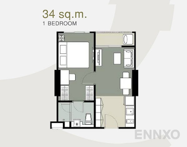 รูปแปลนห้อง 1 Bedroom ของโครงการ ควินน์ คอนโด รัชดา