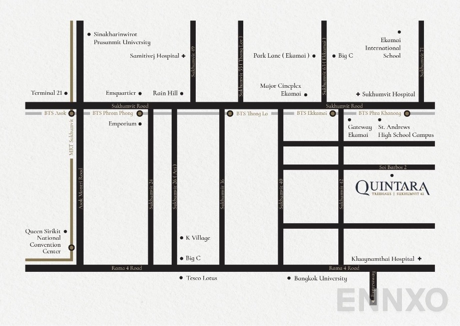 ภาพแผนที่แสดงที่ตั้งโครงการ Quintara Treehaus Sukhumvit 42 และสถานที่โดยรอบ
