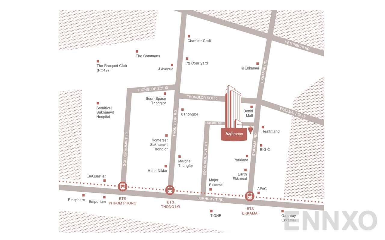 ภาพแผนที่แสดงที่ตั้งโครงการ Reference Ekkamai 
(เรฟเฟอเรนซ์ เอกมัย ) และสถานที่โดยรอบ