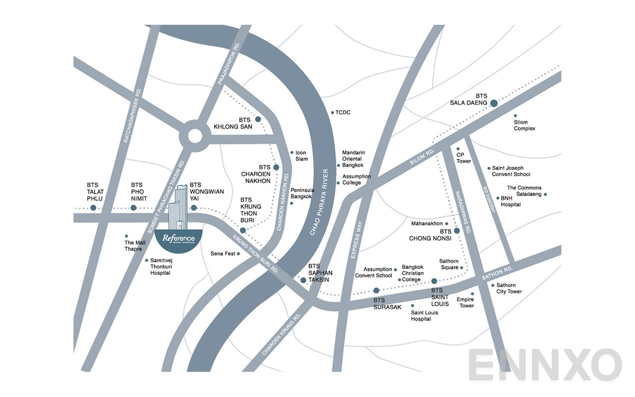 ภาพแผนที่แสดงที่ตั้งโครงการ Reference Sathorn - Wongwianyai และสถานที่โดยรอบ