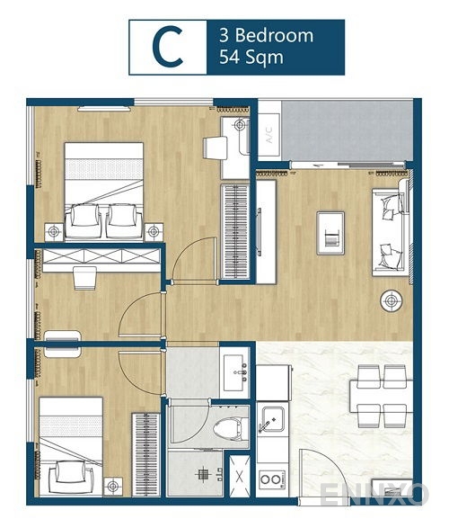 รูปแปลนห้อง 3 Bedroom ของโครงการ รีเกิล อ่อนนุช - ศรีนครินทร์
