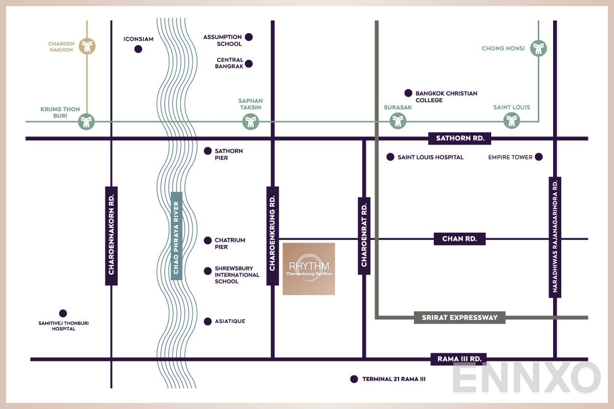 ภาพแผนที่แสดงที่ตั้งโครงการ RHYTHM Charoenkrung Pavillion
(ริทึ่ม เจริญกรุง พาวิลเลี่ยน) และสถานที่โดยรอบ