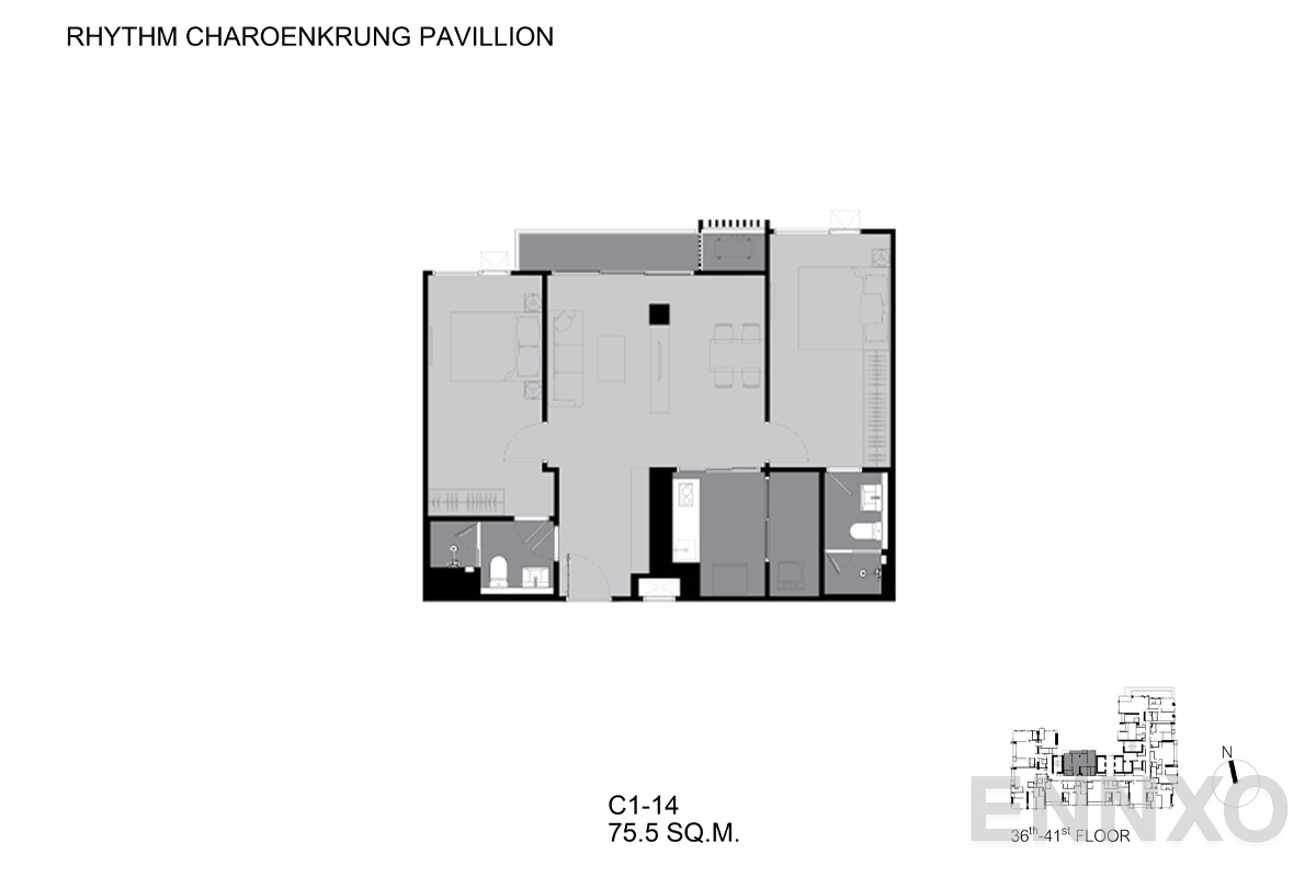 รูปแปลนห้อง C1-14 ของโครงการ ริทึ่ม เจริญกรุง พาวิลเลี่ยน