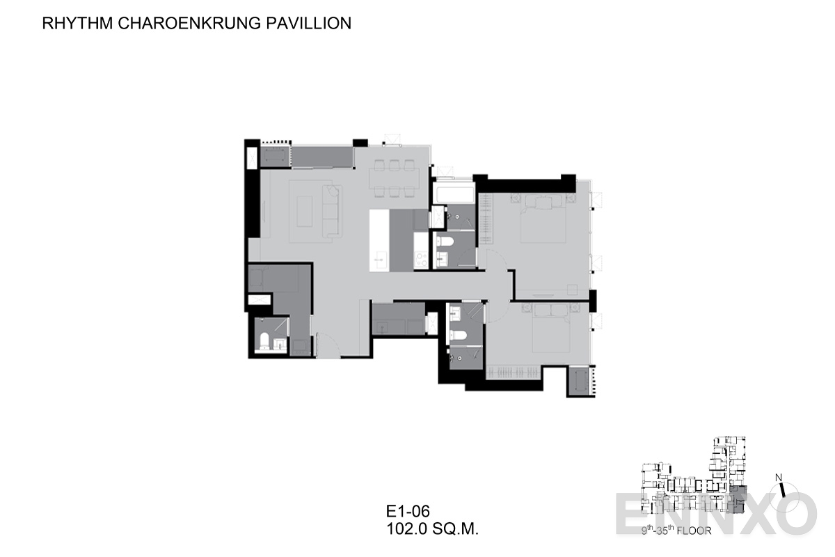 รูปแปลนห้อง E1-06 ของโครงการ ริทึ่ม เจริญกรุง พาวิลเลี่ยน