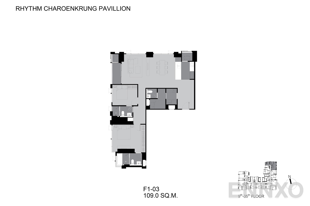 รูปแปลนห้อง F1-03 ของโครงการ ริทึ่ม เจริญกรุง พาวิลเลี่ยน