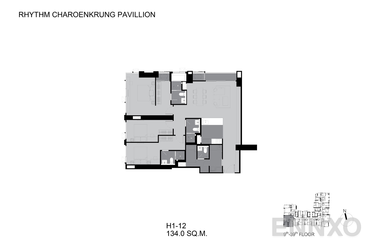 รูปแปลนห้อง H1-12 ของโครงการ ริทึ่ม เจริญกรุง พาวิลเลี่ยน