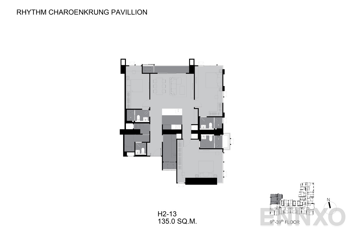 รูปแปลนห้อง H2-13 ของโครงการ ริทึ่ม เจริญกรุง พาวิลเลี่ยน