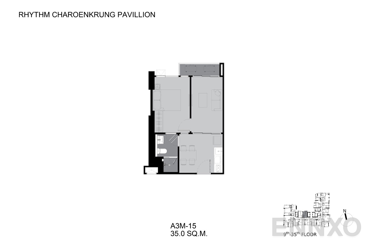 รูปแปลนห้อง A3M-15 ของโครงการ ริทึ่ม เจริญกรุง พาวิลเลี่ยน
