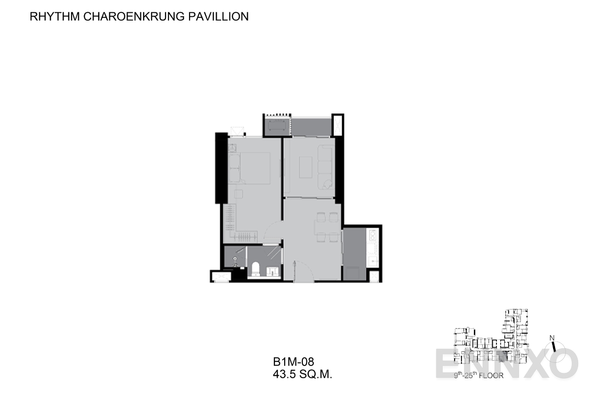 รูปแปลนห้อง B1M-08 ของโครงการ ริทึ่ม เจริญกรุง พาวิลเลี่ยน