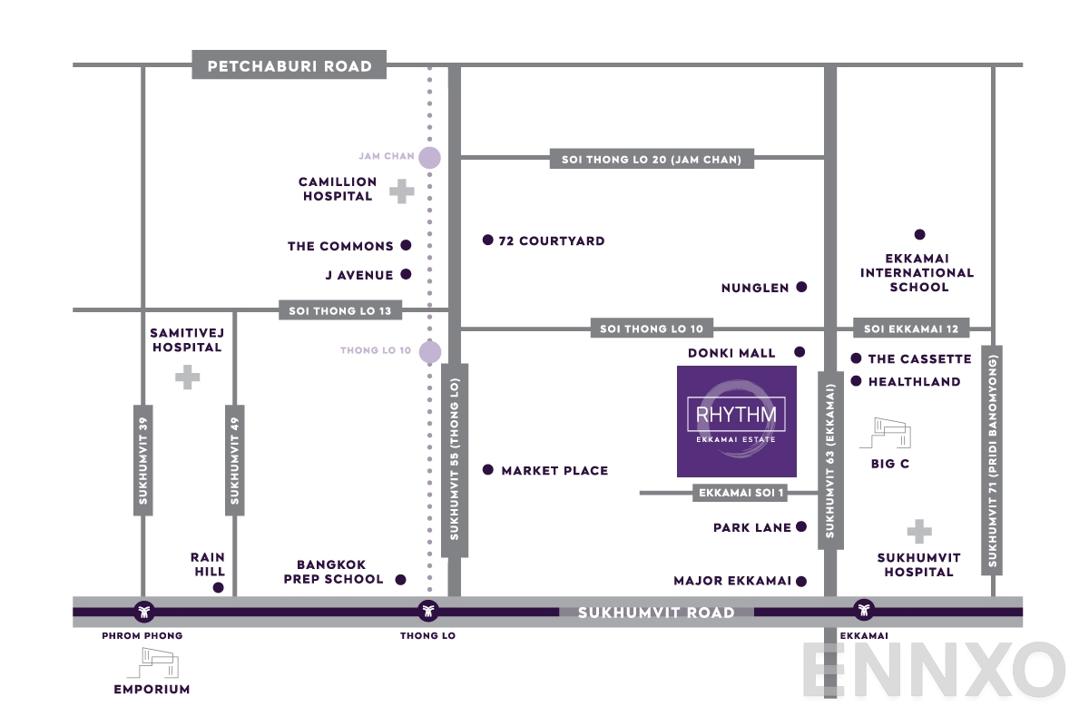 ภาพแผนที่แสดงที่ตั้งโครงการ RHYTHM Ekkamai Estate
(ริทึ่ม เอกมัย เอสเตท) และสถานที่โดยรอบ