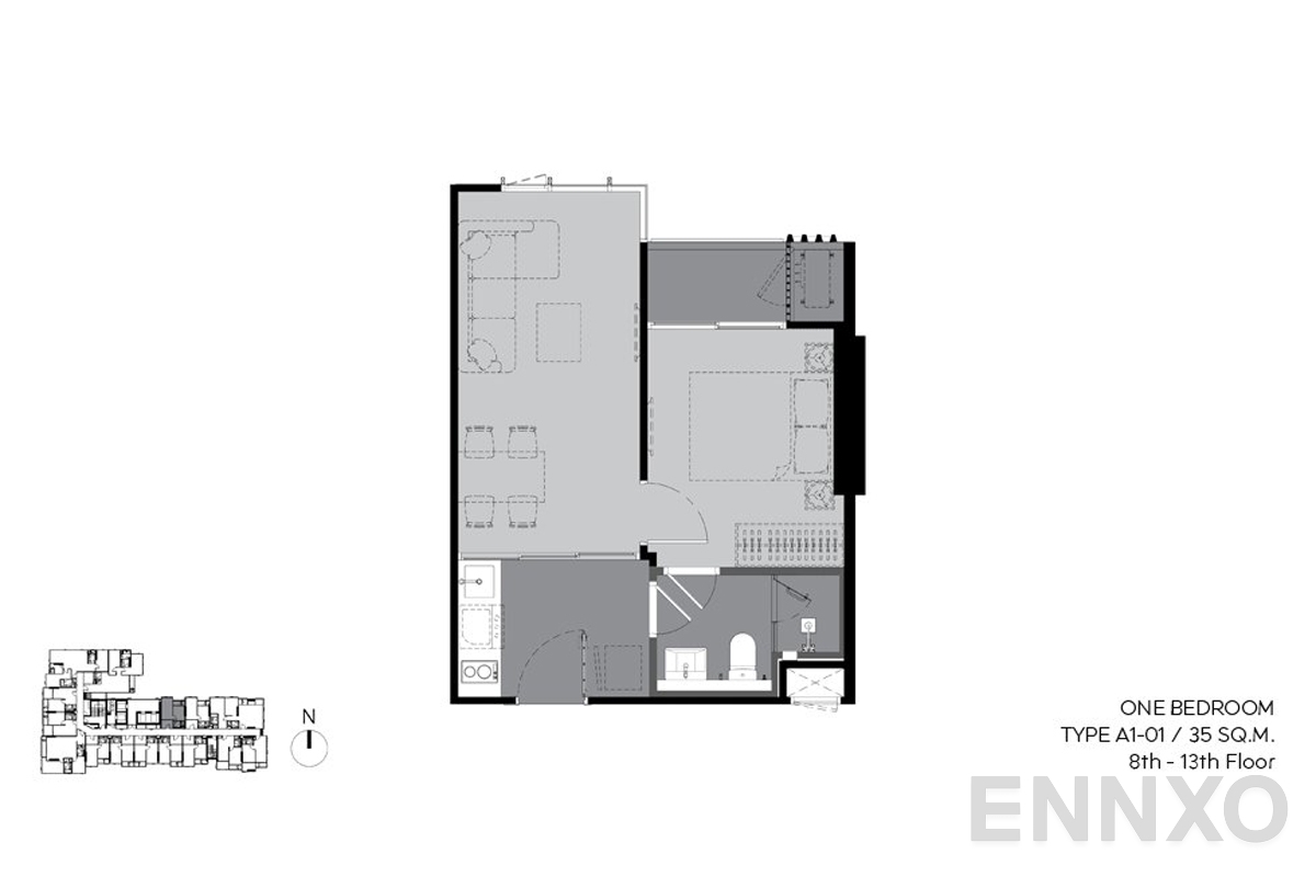 รูปแปลนห้อง a1-01 35 sq.m. (8th-13th floor) ของโครงการ ริทึ่ม เอกมัย เอสเตท