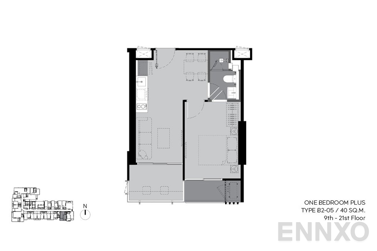 รูปแปลนห้อง b2-05 40sq.m (9th-21st floor) ของโครงการ ริทึ่ม เอกมัย เอสเตท
