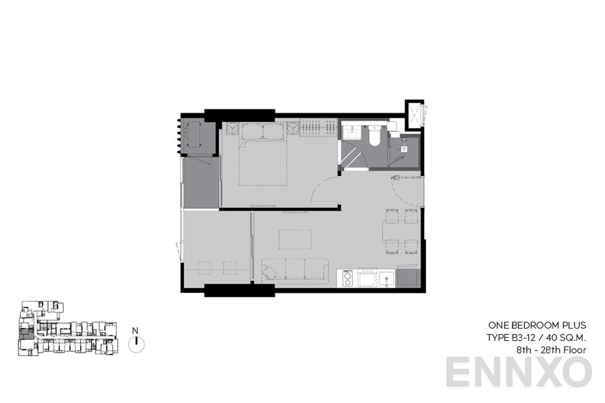 รูปแปลนห้อง b3-12 40sq.m (8th-28th floor) ของโครงการ ริทึ่ม เอกมัย เอสเตท