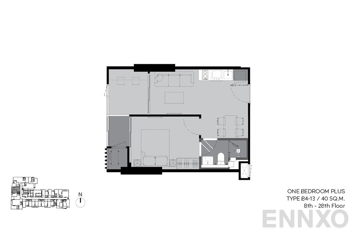 รูปแปลนห้อง b4-13 40sq.m (8th-28th floor) ของโครงการ ริทึ่ม เอกมัย เอสเตท