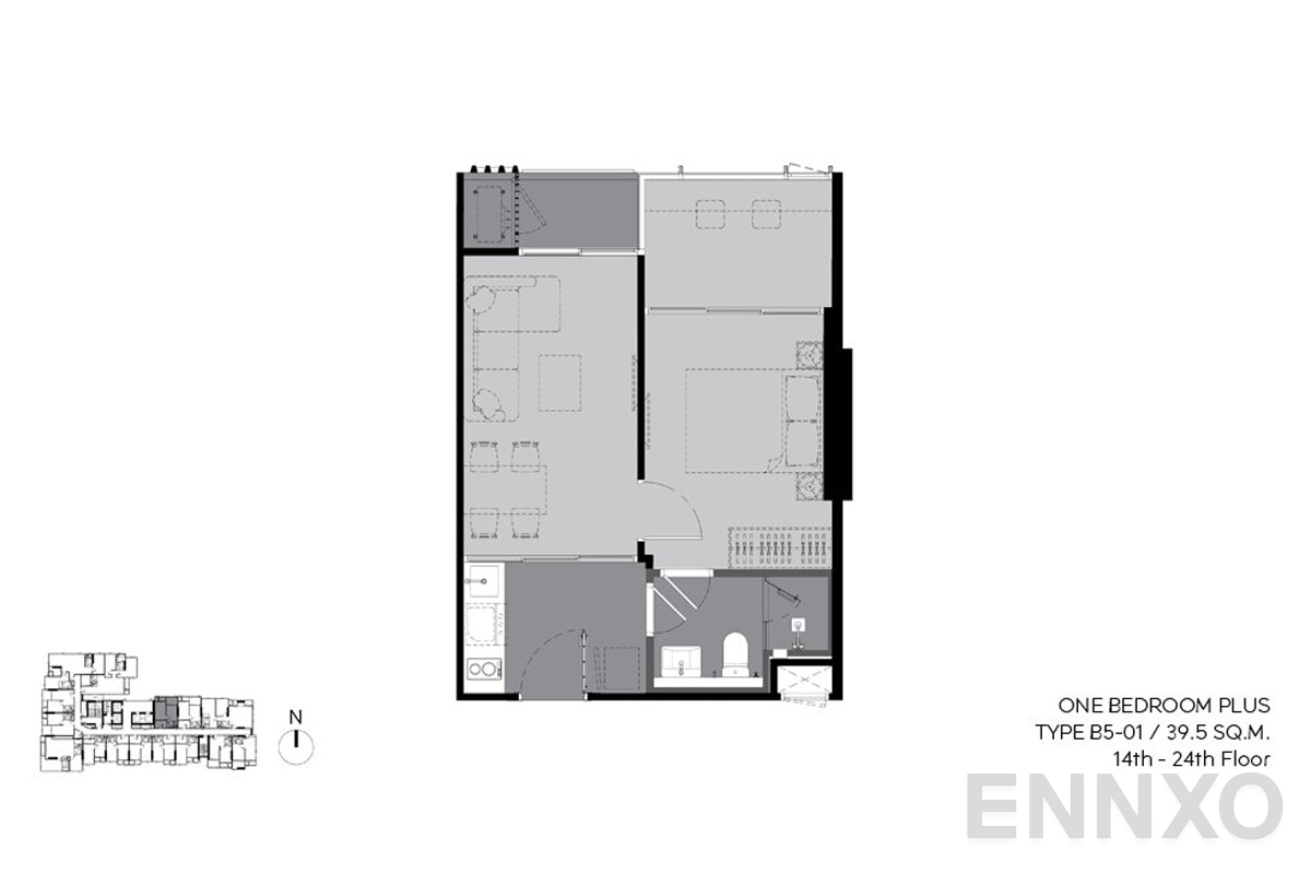 รูปแปลนห้อง b5-01 39.5sq.m (14th-24th floor) ของโครงการ ริทึ่ม เอกมัย เอสเตท
