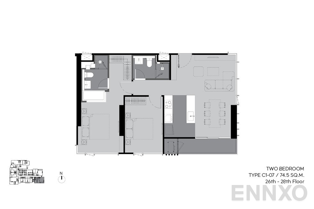 รูปแปลนห้อง c1-07 74.5 sq.m. (26th-28th floor) ของโครงการ ริทึ่ม เอกมัย เอสเตท