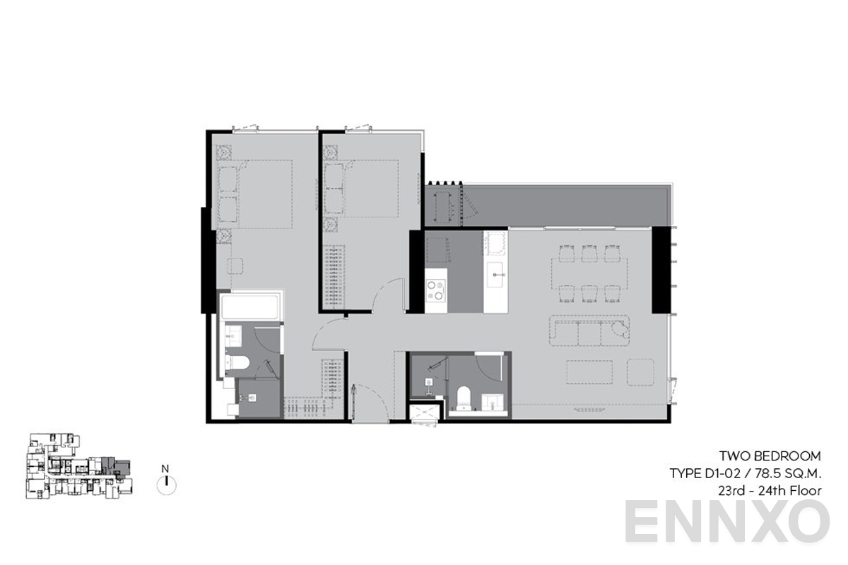 รูปแปลนห้อง d1-02 78.5 sq.m. (23rd-24th floor) ของโครงการ ริทึ่ม เอกมัย เอสเตท