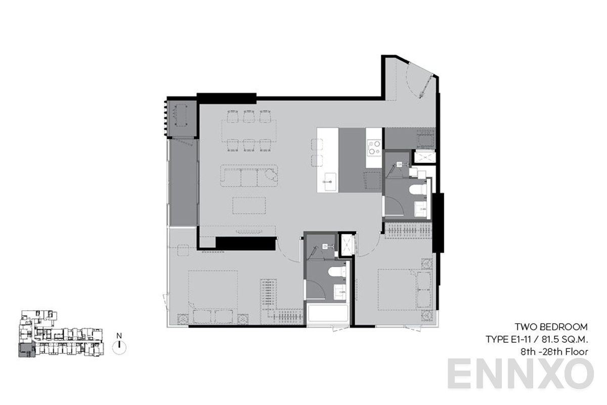 รูปแปลนห้อง e1-11 81.5 sq.m. (8th-28th floor) ของโครงการ ริทึ่ม เอกมัย เอสเตท