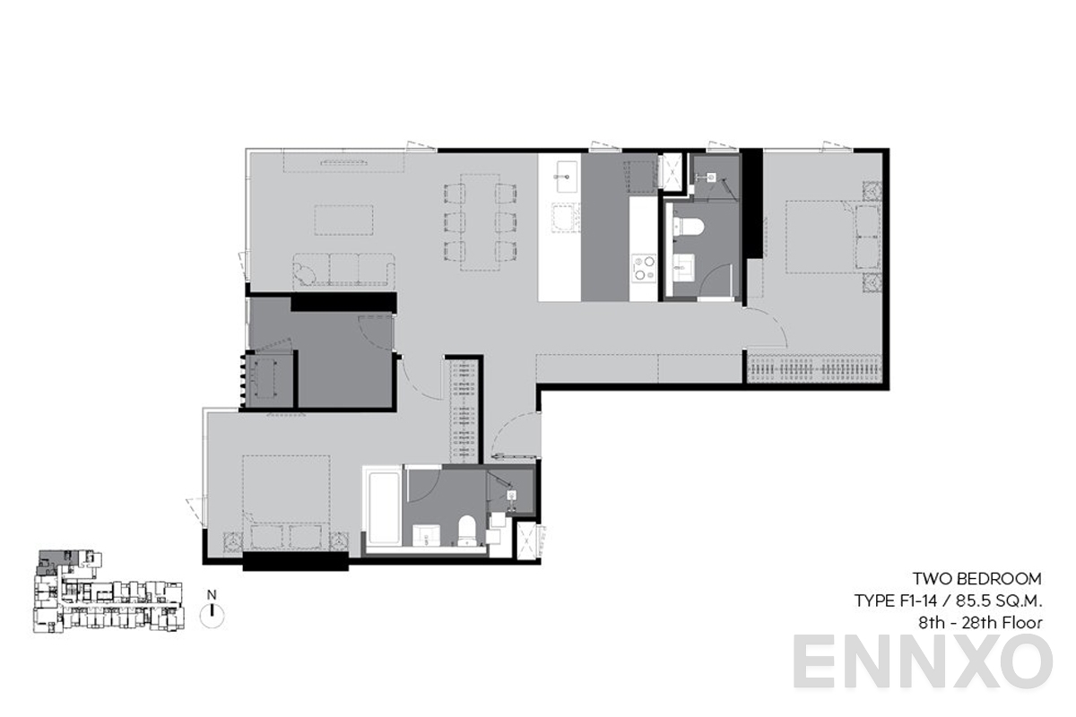 รูปแปลนห้อง f1-14 85.5 sq.m.(8th-28th floor) ของโครงการ ริทึ่ม เอกมัย เอสเตท