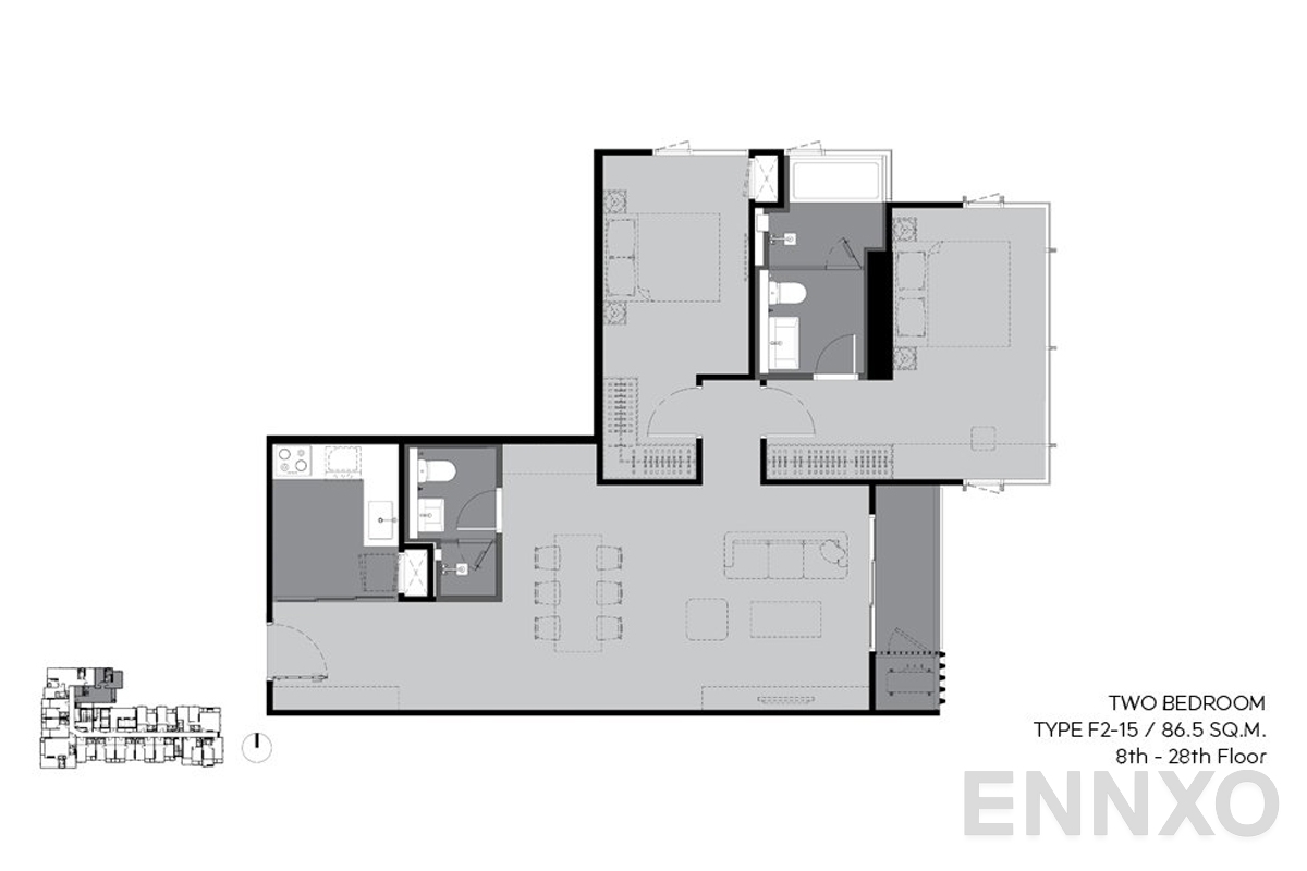รูปแปลนห้อง f2-15 86.5 sq.m. (8th-28th floor) ของโครงการ ริทึ่ม เอกมัย เอสเตท