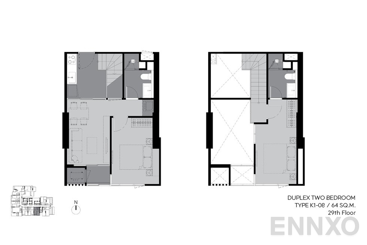 รูปแปลนห้อง k1-08 64 sq.m. (29th floor) ของโครงการ ริทึ่ม เอกมัย เอสเตท