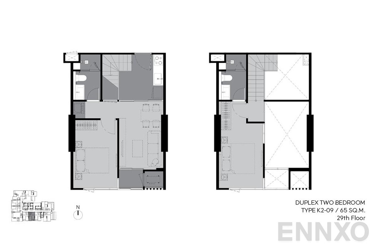 รูปแปลนห้อง k2-09 65 sq.m. (29th floor) ของโครงการ ริทึ่ม เอกมัย เอสเตท