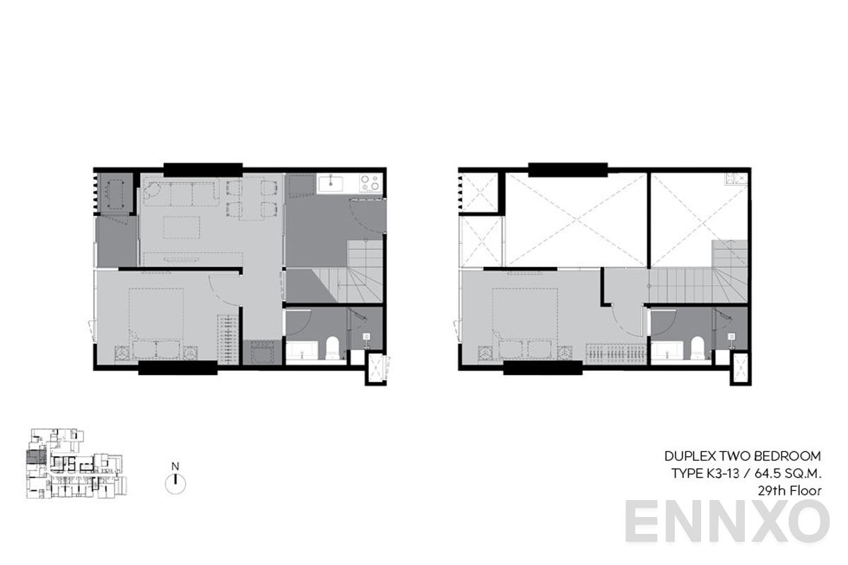 รูปแปลนห้อง k3-13 64.5 sq.m.(29th floor) ของโครงการ ริทึ่ม เอกมัย เอสเตท