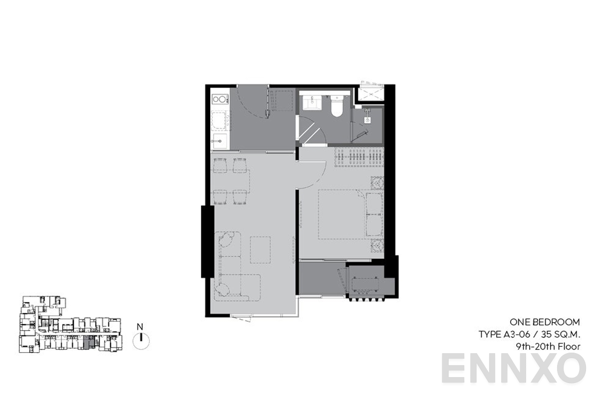 รูปแปลนห้อง a3-06 35 sq.m. (9th-20th floor) ของโครงการ ริทึ่ม เอกมัย เอสเตท