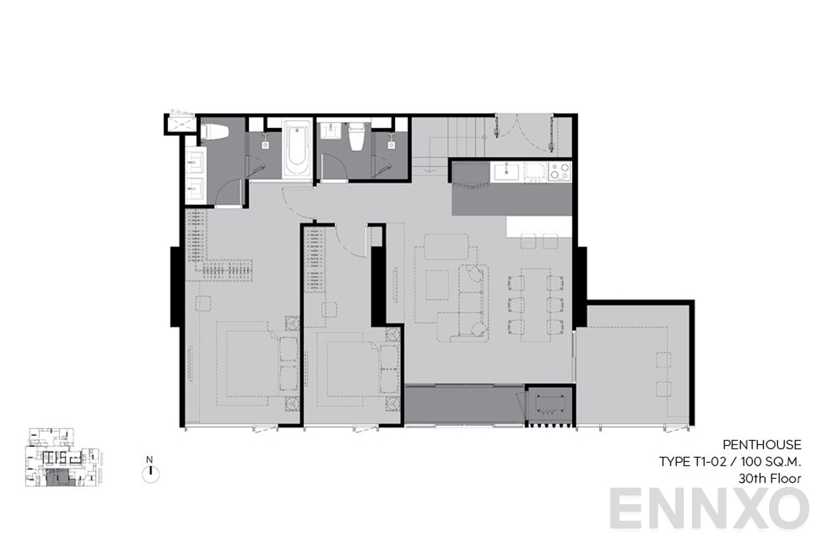 รูปแปลนห้อง t1-02 100 sq.m. (30th floor) ของโครงการ ริทึ่ม เอกมัย เอสเตท