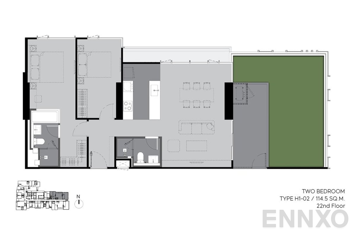 รูปแปลนห้อง H1-02 114.5 sq.m. (22nd floor) ของโครงการ ริทึ่ม เอกมัย เอสเตท
