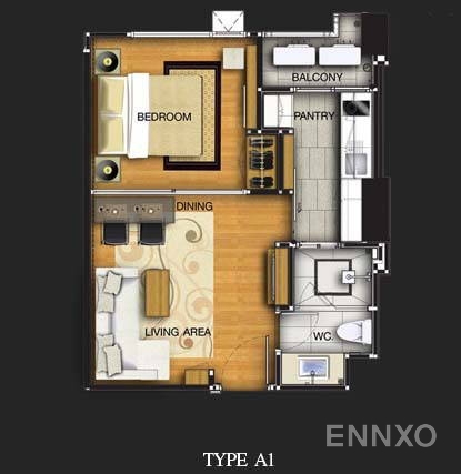 รูปแปลนห้อง 1 Bedroom ของโครงการ Rhythm Ratchada - Huai Khwang
