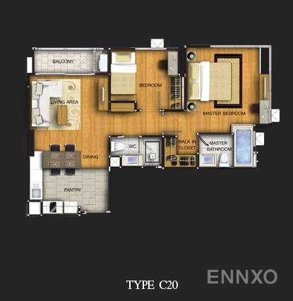 รูปแปลนห้อง 2 Bedrooms ของโครงการ Rhythm Ratchada - Huai Khwang