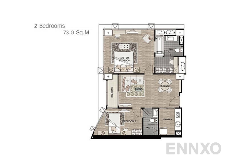 รูปแปลนห้อง 2 Bedrooms ของโครงการ ริธึม รัชดา
