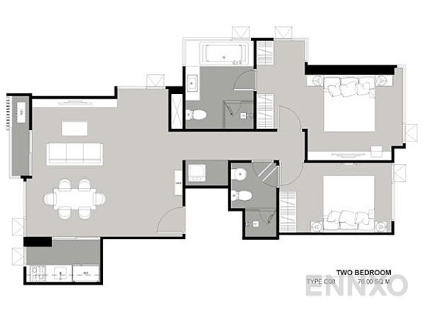 รูปแปลนห้อง 2 Bedrooms ของโครงการ ริทึ่ม สุขุมวิท 36-38