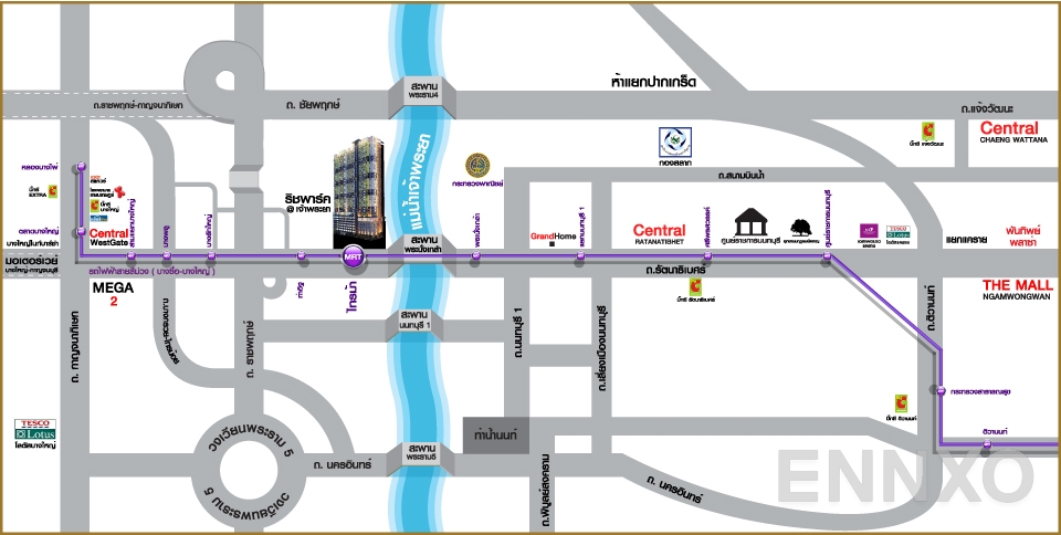 ภาพแผนที่แสดงที่ตั้งโครงการ Rich Park @ Chaophraya และสถานที่โดยรอบ