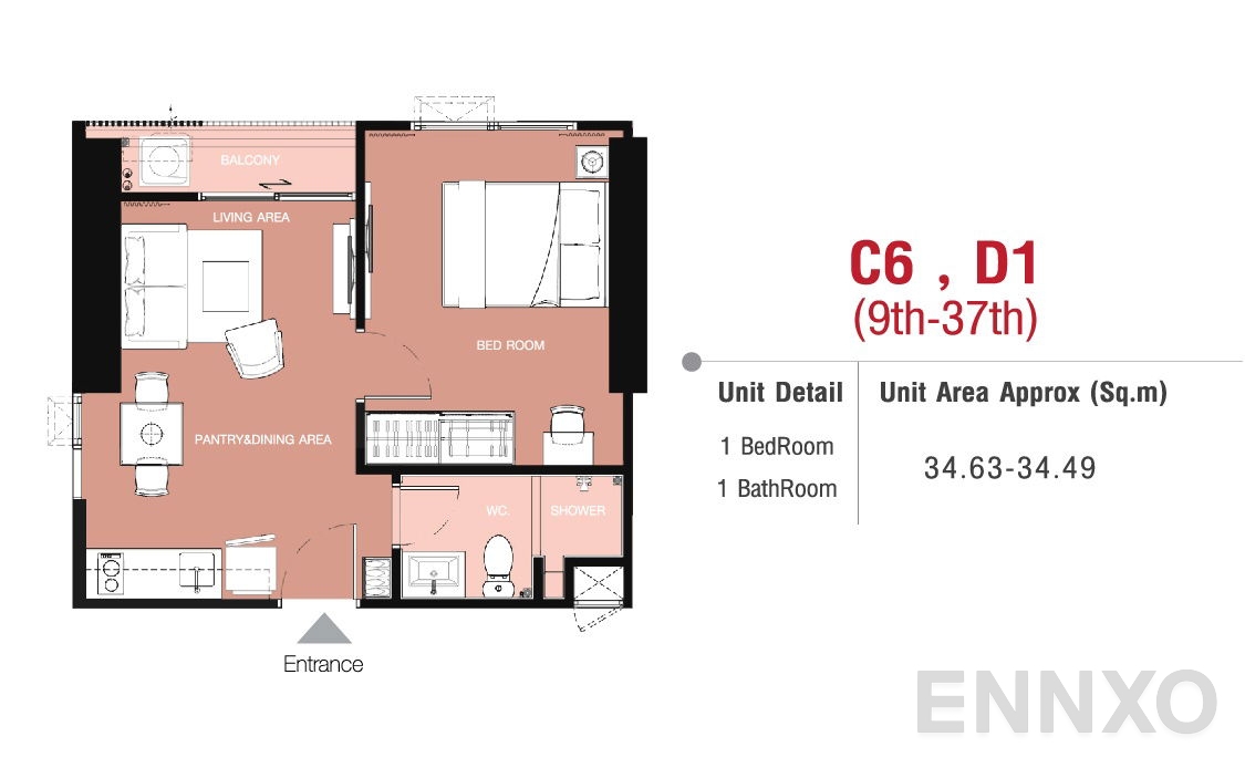 รูปแปลนห้อง Type D ของโครงการ ริชพาร์ค @ ทริปเปิ้ล สเตชั่น