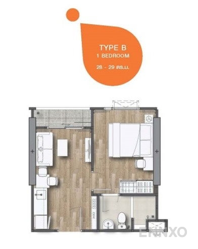 รูปแปลนห้อง 1 Bedroom ของโครงการ ริชพอยท์ แอท บีทีเอส วุฒากาศ
