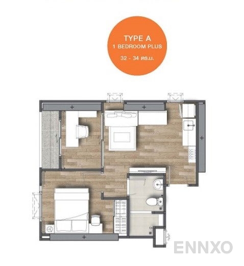 รูปแปลนห้อง 1 Bedroom Plus ของโครงการ ริชพอยท์ แอท บีทีเอส วุฒากาศ