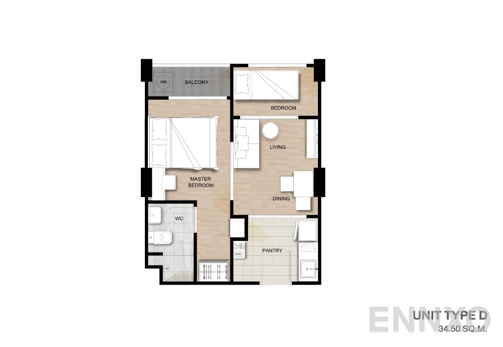 รูปแปลนห้อง Type D ของโครงการ เสนาคิทท์ เอ็มอาร์ที บางแค เฟส 2