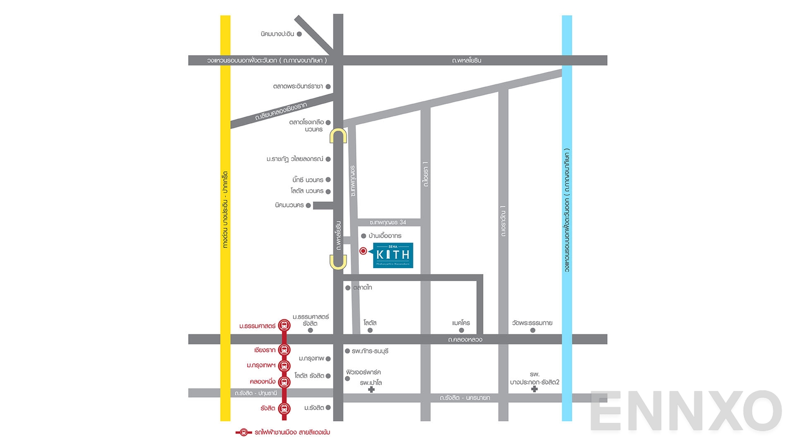 ภาพแผนที่แสดงที่ตั้งโครงการ Sena Kith Phahonyothin - Navanakorn
(เสนาคิทท์ พหลโยธิน - นวนคร) และสถานที่โดยรอบ
