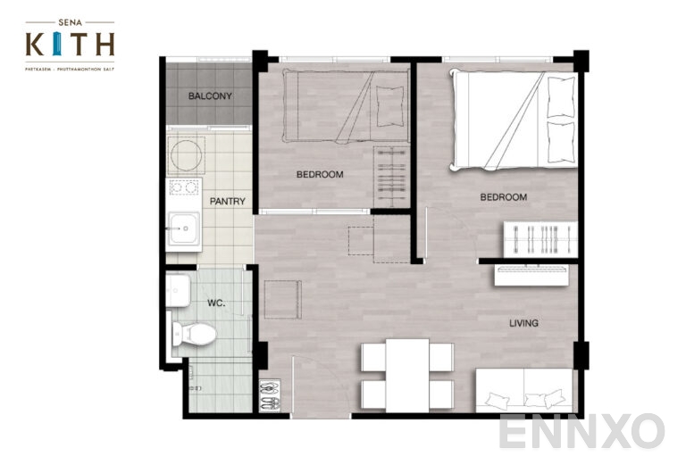 รูปแปลนห้อง Type B 2 ห้องนอน ขนาด 38 ตร.ม. ของโครงการ เสนาคิทท์ เพชรเกษม - พุทธมณฑล สาย 7