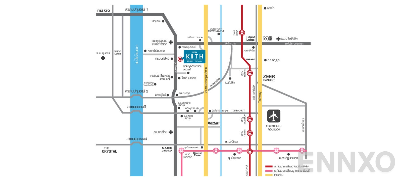 ภาพแผนที่แสดงที่ตั้งโครงการ Sena Kith Rangsit - Tiwanon
(เสนาคิทท์ รังสิต - ติวานนท์) และสถานที่โดยรอบ