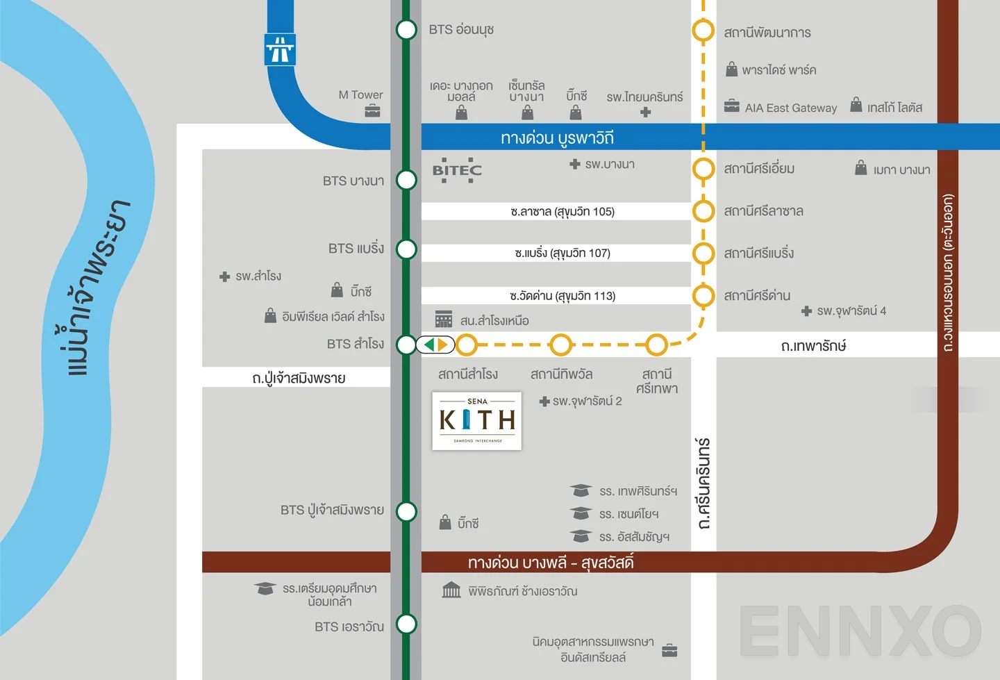 ภาพแผนที่แสดงที่ตั้งโครงการ Sena Kith Samrong Interchange
(เสนาคิทท์ สำโรง อินเตอร์เชนจ์) และสถานที่โดยรอบ